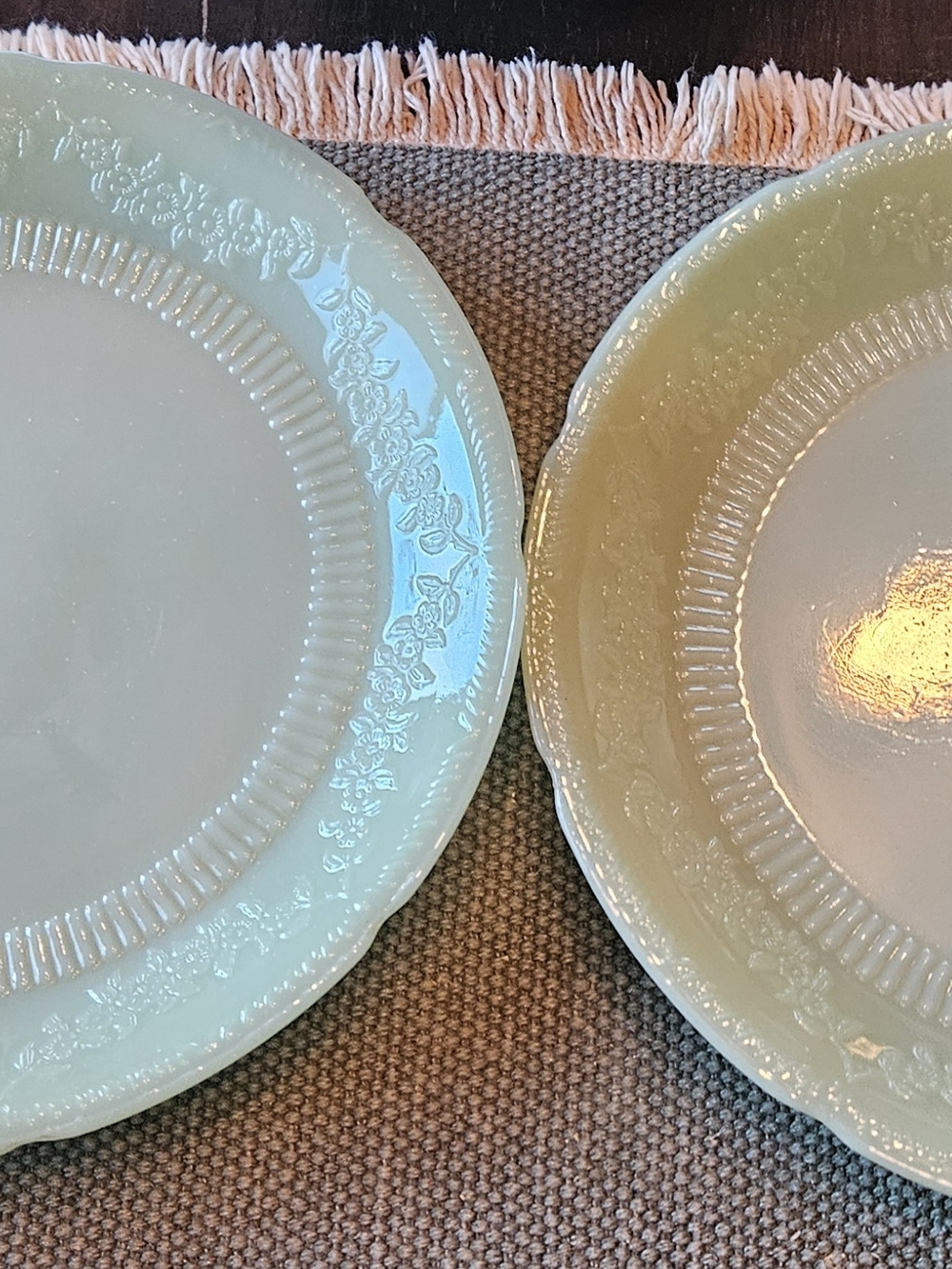 2 Vintage Fire King Green Floral Embossed Jadeite Alice Pattern 9" Dinner Plates
